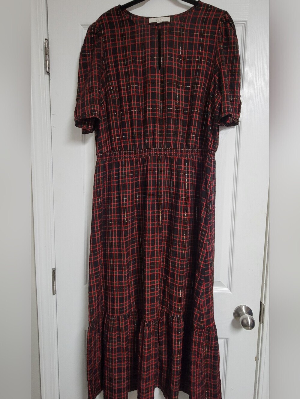 Loft Plaid Midi Dress with Keyhole Neck - Red/Black Size Xl. - Picture 3 of 10
